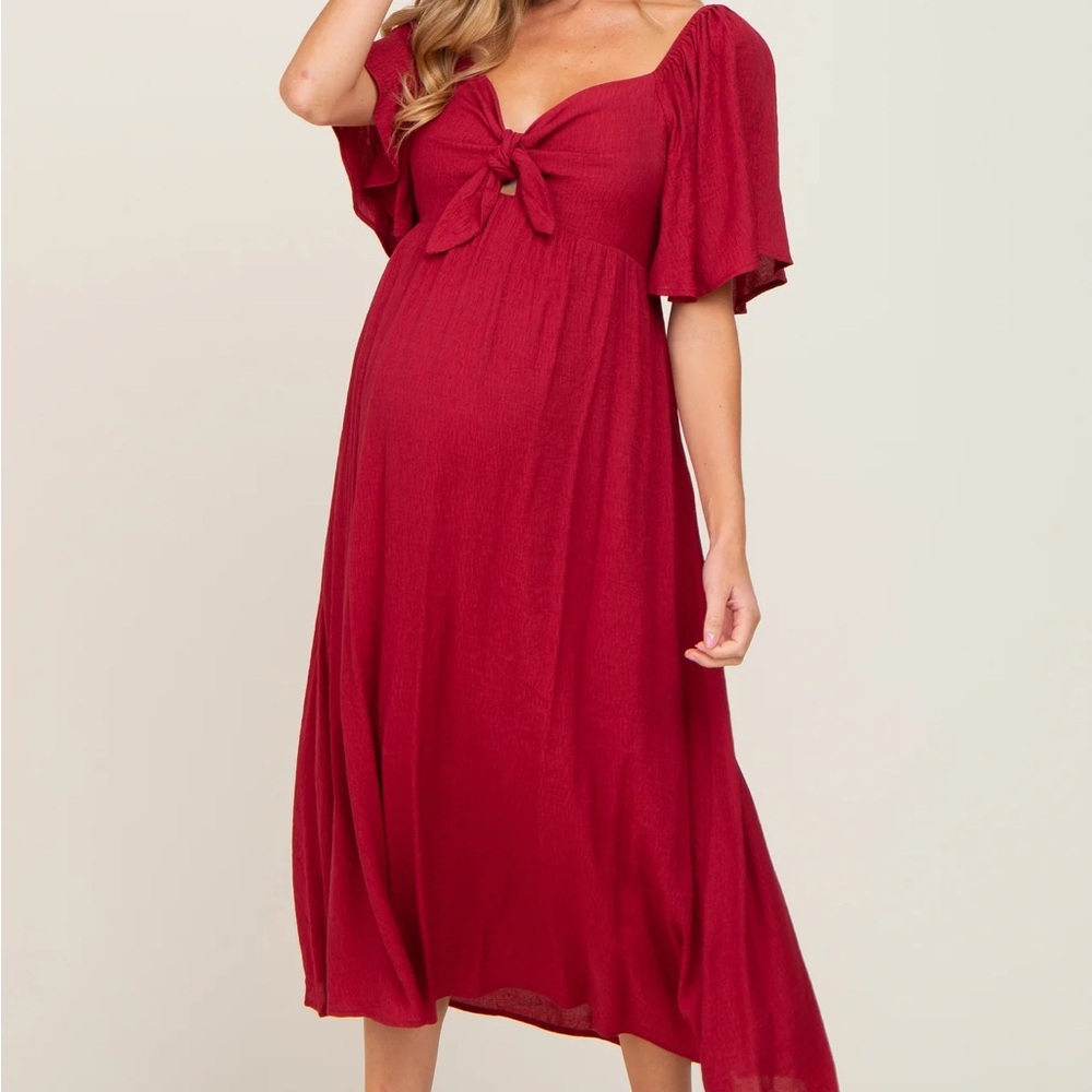 NWT Pinkblush Burgundy Front Tie Ruffle Sleeve Maternity Midi Dress